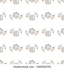 Seamless minimalist doodle floral pattern background. Calm boho earthy tone color wallpaper. Modern scandi unisex flower design. Organic childish gender neutral baby all over print. Hand drawn.