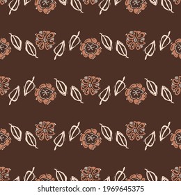 Seamless minimalist doodle floral pattern background. Calm boho earthy tone color wallpaper. Modern scandi unisex flower design. Organic childish gender neutral baby all over print. Hand drawn.
