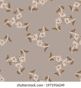 Seamless minimalist doodle floral pattern background. Calm boho earthy tone color wallpaper. Simple modern scandi unisex flower design. Organic childish gender neutral baby all over print. Hand drawn.