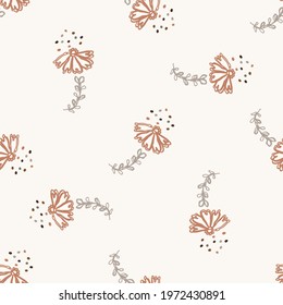 Seamless minimalist doodle floral pattern background. Calm boho earthy tone color wallpaper. Simple modern scandi unisex flower design. Organic childish gender neutral baby all over print. Hand drawn.