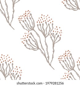 Seamless minimalist doodle floral pattern background. Calm boho earthy tone color wallpaper. Simple modern scandi unisex flower design. Organic childish gender neutral baby all over print. Hand drawn.
