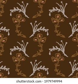 Seamless minimalist doodle floral pattern background. Calm boho earthy tone color wallpaper. Simple modern scandi unisex flower design. Organic childish gender neutral baby all over print. Hand drawn.