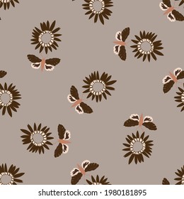 Seamless minimalist doodle floral pattern background. Calm boho earthy tone color wallpaper. Simple modern scandi unisex flower design. Organic childish gender neutral baby all over print. Hand drawn.