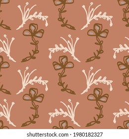 Seamless minimalist doodle floral pattern background. Calm boho earthy tone color wallpaper. Simple modern scandi unisex flower design. Organic childish gender neutral baby all over print. Hand drawn.