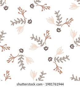 Nahtlose minimalistische Doodle-Blumenhintergrund. Calm boho erdfarbene Tapete. Einfache moderne Skandinavien unisex Blumendesign. Organisches, kindisches, geschlechtsneutrales Baby auf dem ganzen Druck. Handgezeichnet.