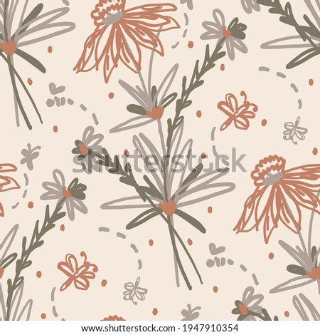 Seamless minimalist doodle floral pattern background. Calm boho earthy tone color wallpaper. Simple modern scandi unisex flower design. Organic childish gender neutral baby all over print. Hand drawn.