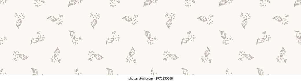 Seamless minimalist doodle flower border pattern. Calm earthy color edge banner. Simple modern scandi unisex baby design. Organic childish gender neutral masking tape design. Hand drawn floral trim.