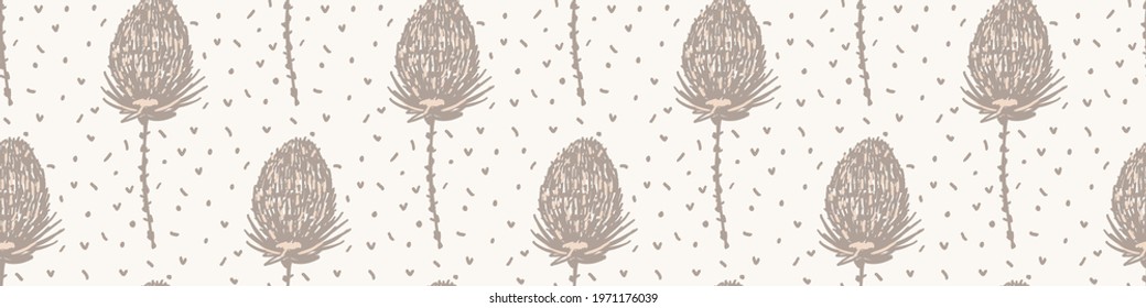 Seamless minimalist doodle flower border pattern. Calm earthy color edge banner. Simple modern scandi unisex baby design. Organic childish gender neutral masking tape design. Hand drawn floral trim.