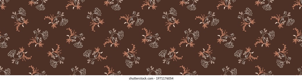 Seamless minimalist doodle flower border pattern. Calm earthy color edge banner. Simple modern scandi unisex baby design. Organic childish gender neutral masking tape design. Hand drawn floral trim.
