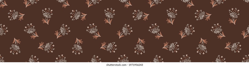 Seamless minimalist doodle flower border pattern. Calm earthy color edge banner. Simple modern scandi unisex baby design. Organic childish gender neutral masking tape design. Hand drawn floral trim.