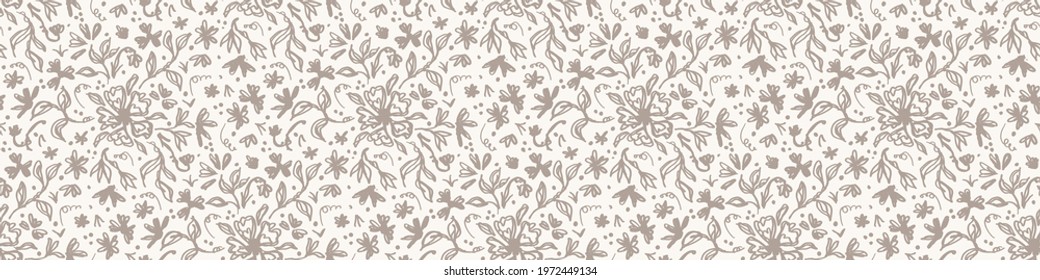 Seamless minimalist doodle flower border pattern. Calm earthy color edge banner. Simple modern scandi unisex baby design. Organic childish gender neutral masking tape design. Hand drawn floral trim.