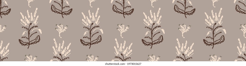 Seamless minimalist doodle flower border pattern. Calm earthy color edge banner. Simple modern scandi unisex baby design. Organic childish gender neutral masking tape design. Hand drawn floral trim.