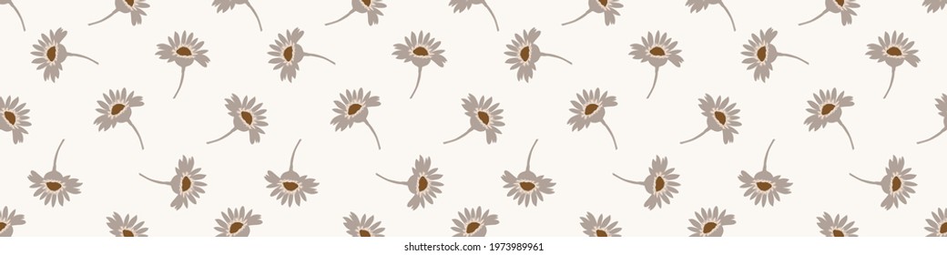 Seamless minimalist doodle flower border pattern. Calm earthy color edge banner. Simple modern scandi unisex baby design. Organic childish gender neutral masking tape design. Hand drawn floral trim.