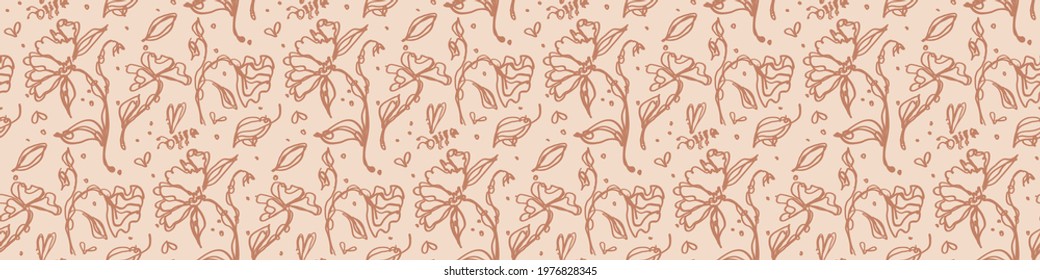 Seamless minimalist doodle flower border pattern. Calm earthy color edge banner. Simple modern scandi unisex baby design. Organic childish gender neutral masking tape design. Hand drawn floral trim.