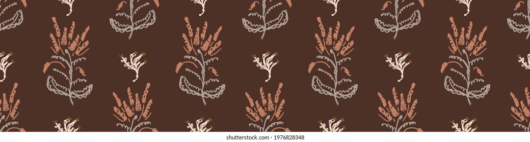 Seamless minimalist doodle flower border pattern. Calm earthy color edge banner. Simple modern scandi unisex baby design. Organic childish gender neutral masking tape design. Hand drawn floral trim.