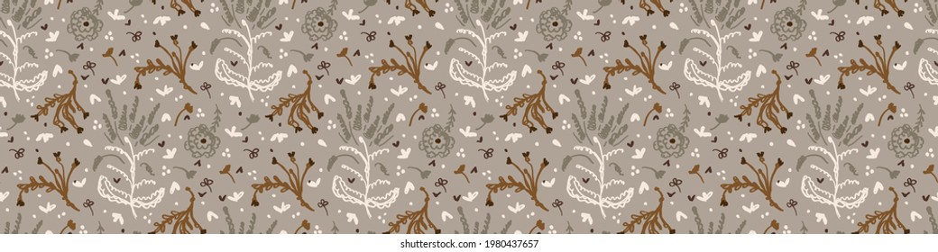 Seamless minimalist doodle flower border pattern. Calm earthy color edge banner. Simple modern scandi unisex baby design. Organic childish gender neutral masking tape design. Hand drawn floral trim.