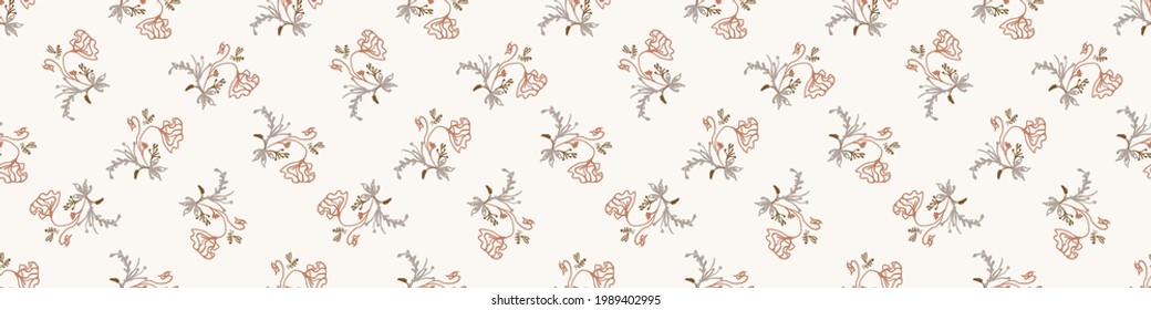 Seamless minimalist doodle flower border pattern. Calm earthy color edge banner. Simple modern scandi unisex baby design. Organic childish gender neutral masking tape design. Hand drawn floral trim.