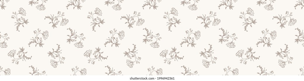 Seamless minimalist doodle flower border pattern. Calm earthy color edge banner. Simple modern scandi unisex baby design. Organic childish gender neutral masking tape design. Hand drawn floral trim.