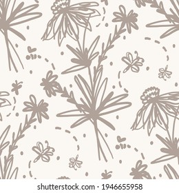 Seamless minimalist doodle flower pattern background. Calm two tone color wallpaper. Simple modern scandi unisex baby design. Organic childish gender neutral baby all over print. Hand drawn floral.