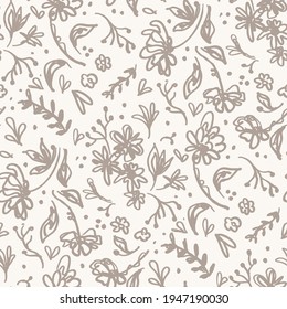 Seamless minimalist doodle flower pattern background. Calm two tone color wallpaper. Simple modern scandi unisex baby design. Organic childish gender neutral baby all over print. Hand drawn floral.