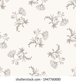 Seamless minimalist doodle flower pattern background. Calm two tone color wallpaper. Simple modern scandi unisex baby design. Organic childish gender neutral baby all over print. Hand drawn floral.
