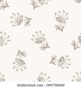 Seamless minimalist doodle flower pattern background. Calm two tone color wallpaper. Simple modern scandi unisex baby design. Organic childish gender neutral baby all over print. Hand drawn floral.