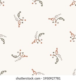 Nahtlose minimalistische Doodle-Blumenhintergrund. Ruhige zweifarbige Tapete. Einfache, moderne Skandinavien entführen zu Babydesign. Organisches, kindisches, geschlechtsneutrales Baby auf dem ganzen Druck. Handgezeichnet floral.