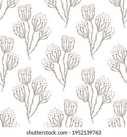 Seamless minimalist doodle flower pattern background. Calm two tone color wallpaper. Simple modern scandi unisex baby design. Organic childish gender neutral baby all over print. Hand drawn floral.