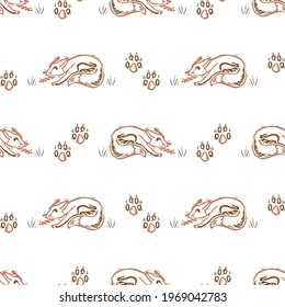 Seamless minimalist doodle fox pattern background. Calm boho earthy tone color wallpaper. Modern scandi unisex flower design. Organic childish gender neutral baby all over print. Hand drawn.