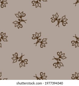 Seamless minimalist doodle leaf pattern background. Calm boho earthy tone color wallpaper. Simple modern scandi unisex flower design. Organic childish gender neutral baby all over print. Hand drawn.