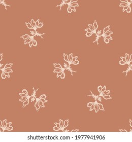 Seamless minimalist doodle leaf pattern background. Calm boho earthy tone color wallpaper. Simple modern scandi unisex flower design. Organic childish gender neutral baby all over print. Hand drawn.