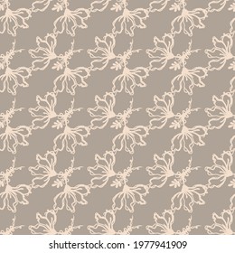 Seamless minimalist doodle leaf pattern background. Calm boho earthy tone color wallpaper. Simple modern scandi unisex flower design. Organic childish gender neutral baby all over print. Hand drawn.