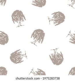 Seamless minimalist doodle tree pattern background. Calm boho earthy tone color wallpaper. Modern scandi unisex flower design. Organic childish gender neutral baby all over print. Hand drawn.