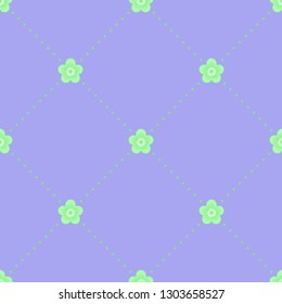 Seamless minimalist dotted rhombus pattern with small soft green flowers on violet background. Repeat botanical pattern. Vector illustration.