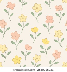 Padrão floral minimalista sem emenda com pêssego pastel e flores amarelas com folhas verdes em um fundo bege macio. Ideal para papéis de parede, embalagens, têxteis e produtos digitais.