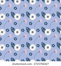 Padrão floral minimalista sem costura com motivos botânicos desenhados à mão em azul pastel e tons neutros para o design de têxteis e papel de parede
