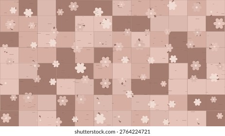 Seamless minimalist floral pattern with stylized beige flowers on a geometric grid of alternating brown and light pink squares, resembling birch bark texture, modern abstract background design.