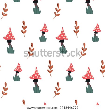 Seamless minimalist fly leaf mushroom pattern. `Fall season organic wallpaper. Flat vector fabric wrapping paper on white background