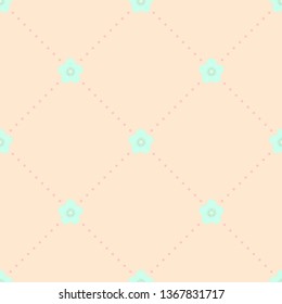 Seamless minimalist geometric dotted rhombus pattern with small light turquoise flowers on pastel peach color background. Repeat colorful symmetrical botanical pattern. Vector illustration.