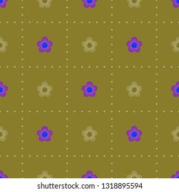 Seamless minimalist geometric dotted square pattern with small purple flowers on olive green background. Vintage, retro colors. Repeat botanical pattern. Vector illustration.