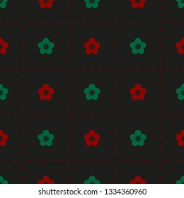Seamless minimalist geometric dotted square pattern with small emerald green and red flowers on black background. Dark vintage, retro colors. Repeat botanical pattern. Vector illustration.