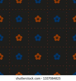 Seamless minimalist geometric dotted square pattern with small blue and red orange flowers on black background. Dark vintage, retro colors. Repeat botanical pattern. Vector illustration.