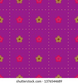 Seamless minimalist geometric dotted square pattern with small red and light brown flowers on purple background. Vintage, retro palette. Repeat symmetrical botanical pattern. Vector illustration.