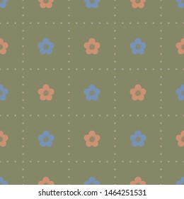 Seamless minimalist geometric dotted square pattern with small flowers. Vintage, retro palette. Repeat symmetrical light khaki color botanical pattern. Vector illustration.