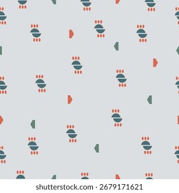 Nahtloses minimalistisches geometrisches Muster mit dunkelblauen Ovalen, grünen Linien, rot-orangefarbenen Punkten und Pfeilen auf hellgrauem Hintergrund. Geeignet für Textilien, Tapeten, Verpackungen, Verpackungspapier