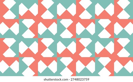 Seamless minimalist geometric pattern with diamond and hourglass shapes, soft pastel palette of teal and coral, modern abstract tile background