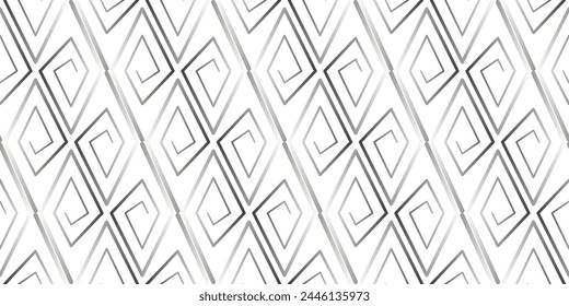 Patrón geométrico minimalista sin fisuras con rombos. Ilustración vectorial de ornamento étnico estilizado. Las espirales de degradado monocromo se rizan sobre fondo blanco. Para imprimir Fondo de pantalla, scrapbooking, textil.