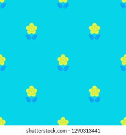 Seamless minimalist geometric pattern with small yellow flowers and dark blue leaves on blue background. Repeat botanical pattern. Vector illustration.