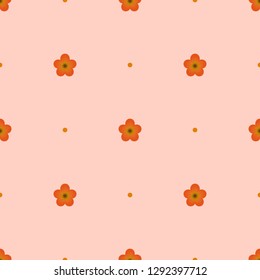 Seamless minimalist geometric pattern. Small orange flowers with dark core and orange dots on peach color background. Repeat botanical pattern. Vector illustration.