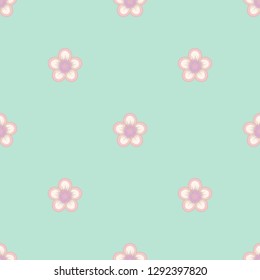 Seamless minimalist geometric pattern. Small light pinkish flowers with violet core on mint green color background. Repeat pastel botanical pattern. Vector illustration.